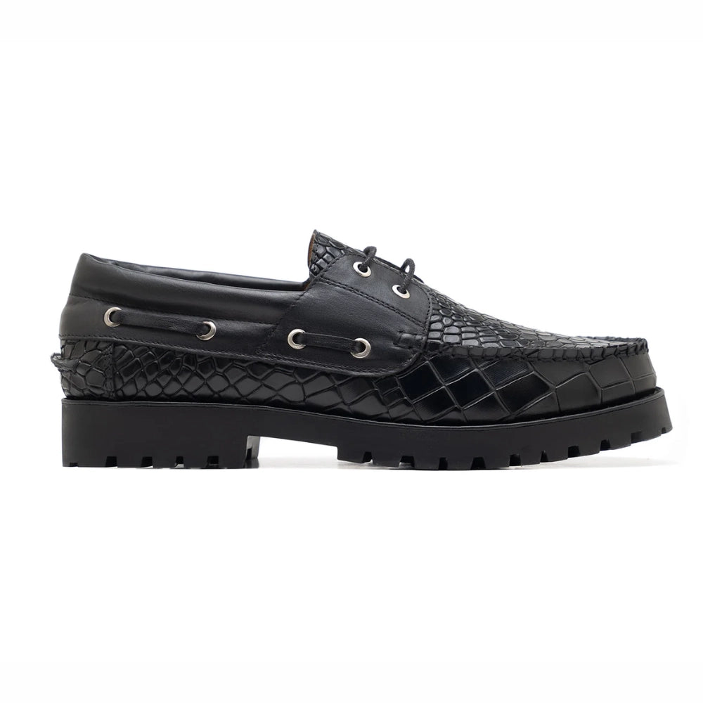 Jeto Mens Black Textured  Boat Shoes