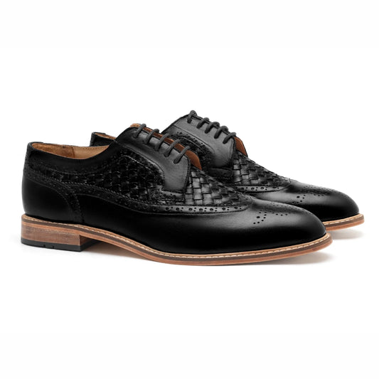 Flare Mens Black Oxford Woven Shoes | Handmade