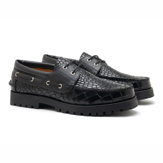 Jeto Mens Black Textured  Boat Shoes